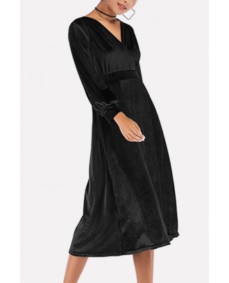 Black Velvet Long Sleeve V Neck Wrap Casual A Line Dress