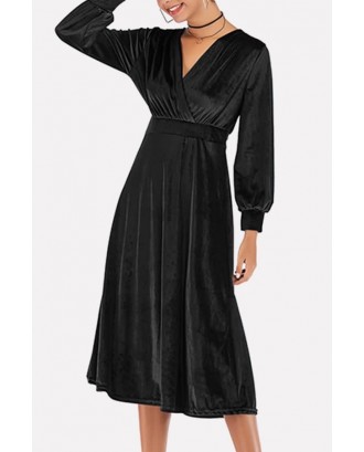 Black Velvet Long Sleeve V Neck Wrap Casual A Line Dress