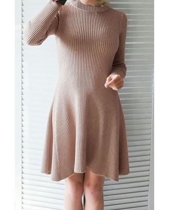 Khaki Long Sleeve Round Neck Casual A Line Sweater Dress
