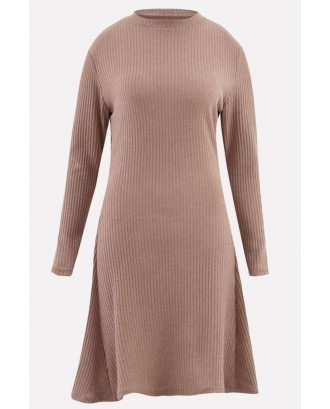 Khaki Long Sleeve Round Neck Casual A Line Sweater Dress