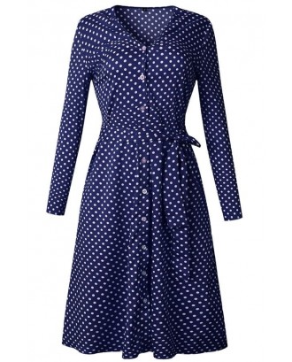 Dark-blue Polka Dot Button Up Tied Long Sleeve Casual A Line Dress