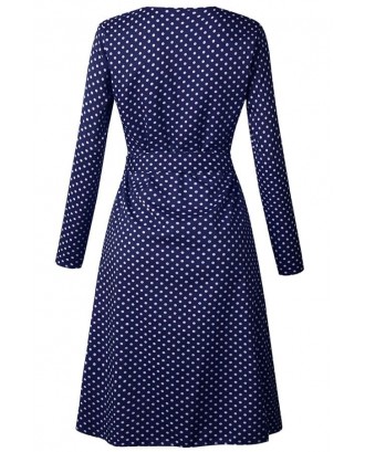 Dark-blue Polka Dot Button Up Tied Long Sleeve Casual A Line Dress