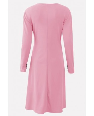 Pink Contrast V Neck Long Sleeve Casual A Line Dress