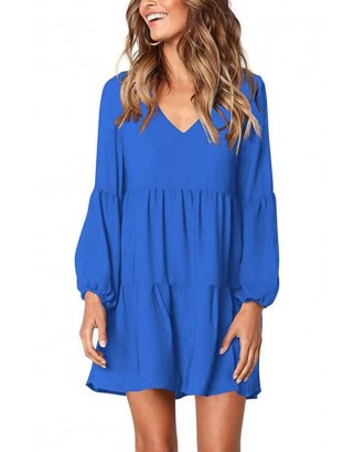 Blue Long Puff Sleeve V Neck Tiered Casual A Line Dress