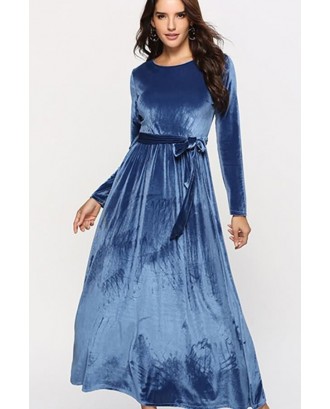 Blue Tied Long Sleeve Casual Maxi Velvet Dress