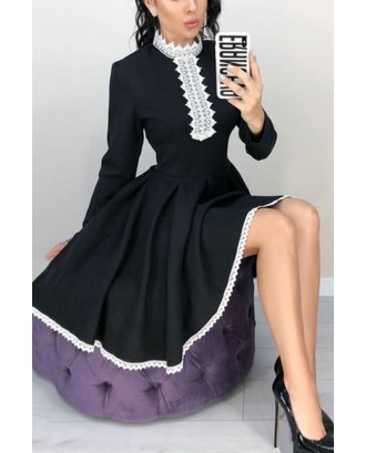 Black Two Tone Lace Crochet Pleated Long Sleeve Casual A Line Dress