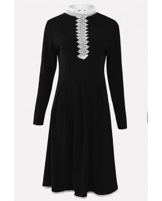 Black Two Tone Lace Crochet Pleated Long Sleeve Casual A Line Dress