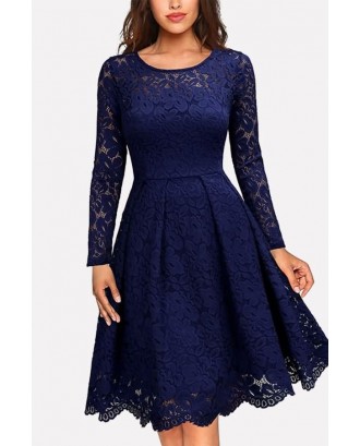 Long Sleeve Round Neck Casual A Line Lace Dress