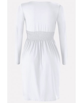 White V Neck Wrap Shirred Long Sleeve Casual A Line Dress
