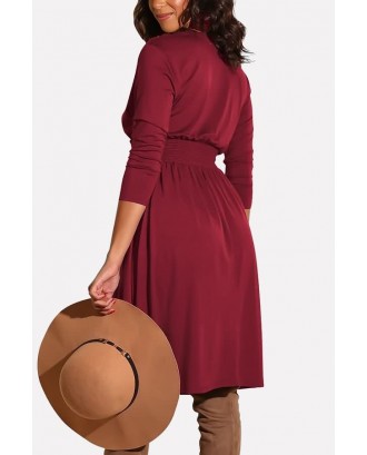 Dark-red V Neck Wrap Shirred Long Sleeve Casual A Line Dress