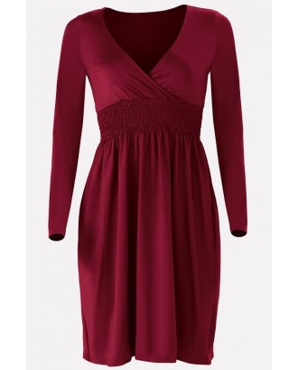 Dark-red V Neck Wrap Shirred Long Sleeve Casual A Line Dress
