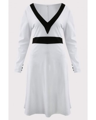 White Contrast V Neck Long Sleeve Casual A Line Dress