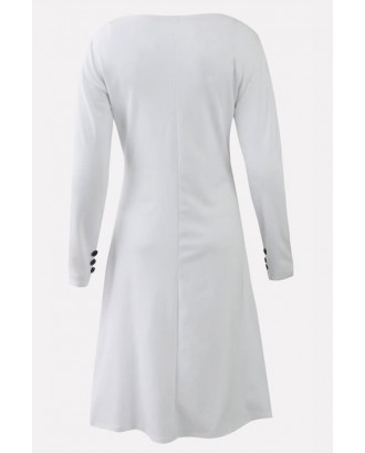 White Contrast V Neck Long Sleeve Casual A Line Dress