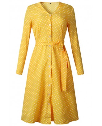 Yellow Polka Dot Button Up Tied Long Sleeve Casual A Line Dress