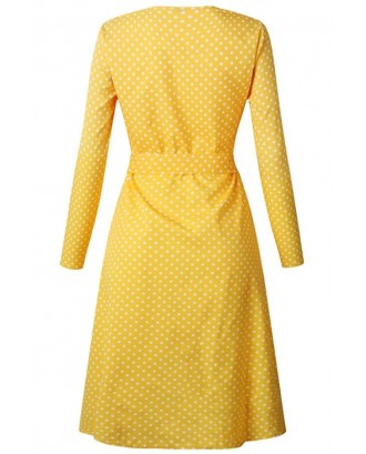 Yellow Polka Dot Button Up Tied Long Sleeve Casual A Line Dress