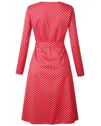 Red Polka Dot Button Up Tied Long Sleeve Casual A Line Dress