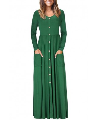 Green V Neck Button Up Long Sleeve Pocket Casual Maxi Dress