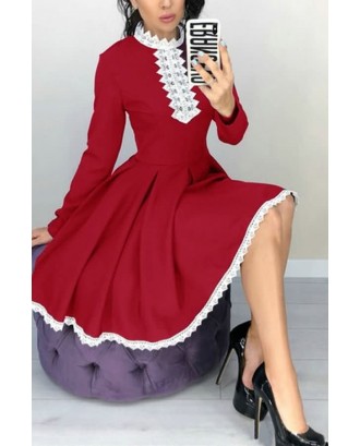 Red Two Tone Lace Crochet Pleated Long Sleeve Casual A Line Dress
