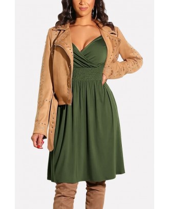 Army-green V Neck Wrap Shirred Long Sleeve Casual A Line Dress