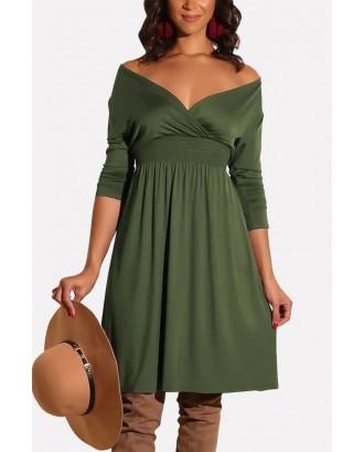 Army-green V Neck Wrap Shirred Long Sleeve Casual A Line Dress