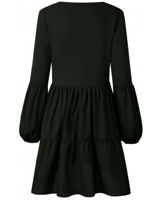 Black Long Puff Sleeve V Neck Tiered Casual A Line Dress