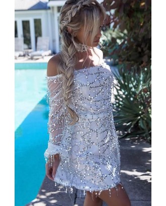 White Off Shoulder Long Sleeve Mesh Beautiful Sequin Dress