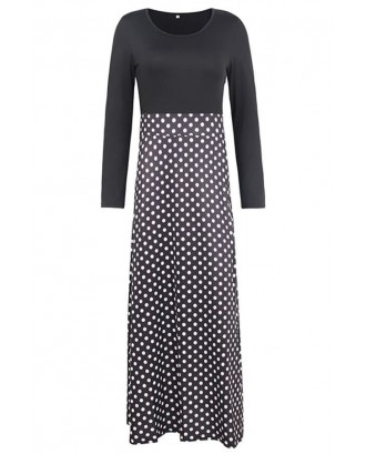 Black Polka Dot Print Long Sleeve Splicing Beautiful Maxi A Line Dress