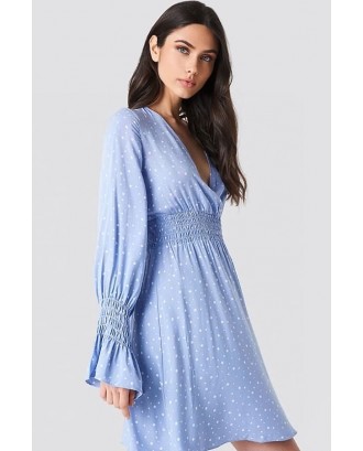 Light-blue Polka Dot Surplice Long Sleeve Elastic Waist Vintage A Line Dress