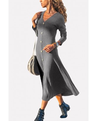 Gray V Neck Button Up Long Sleeve Casual Maxi Sweater Dress