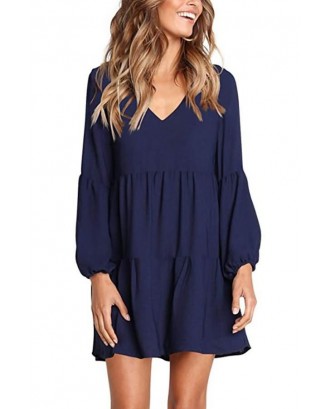 Dark-blue Long Puff Sleeve V Neck Tiered Casual A Line Dress