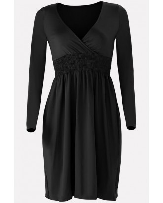 Black V Neck Wrap Shirred Long Sleeve Casual A Line Dress