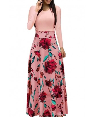 Floral Print Long Sleeve Splicing Beautiful Maxi A Line Dress