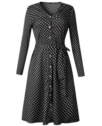 Black Polka Dot Button Up Tied Long Sleeve Casual A Line Dress