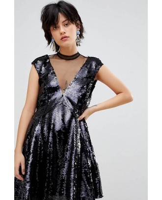 Black Sequin Illusion Neck Sleeveless Beautiful Dress