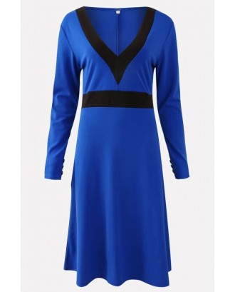 Blue Contrast V Neck Long Sleeve Casual A Line Dress