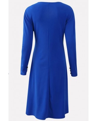 Blue Contrast V Neck Long Sleeve Casual A Line Dress