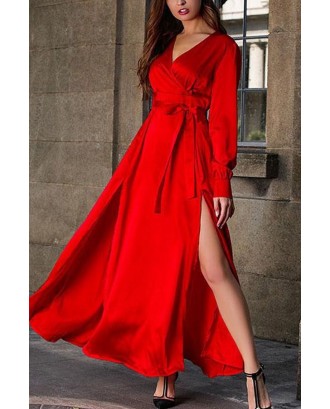Red V Neck Wrap Long Sleeve Slit Side Beautiful Dress