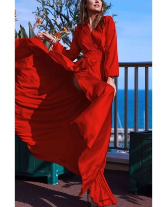 Red V Neck Wrap Long Sleeve Slit Side Beautiful Dress