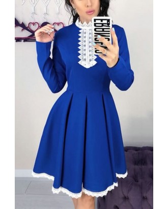 Blue Two Tone Lace Crochet Pleated Long Sleeve Casual A Line Dress