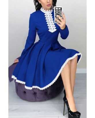 Blue Two Tone Lace Crochet Pleated Long Sleeve Casual A Line Dress