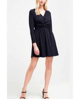 Black V Neck Long Sleeve Ruched Casual A Line Dress