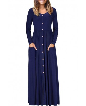 Dark-blue V Neck Button Up Long Sleeve Pocket Casual Maxi Dress