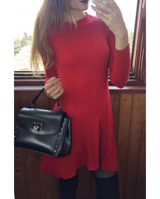 Red Long Sleeve Round Neck Casual A Line Sweater Dress