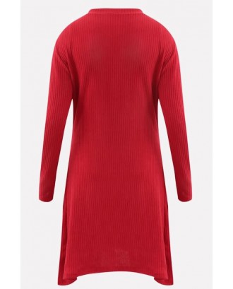 Red Long Sleeve Round Neck Casual A Line Sweater Dress