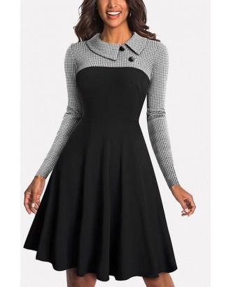 Two Tone Gingham Print Peter Pan Collar Long Sleeve Casual A Line Dress