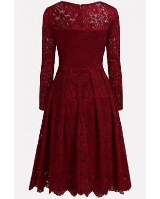 Dark-red Long Sleeve Round Neck Casual A Line Lace Dress