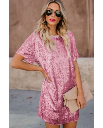 Pink Glitter Sequin Splicing Short Sleeve Casual T-shirt Dress