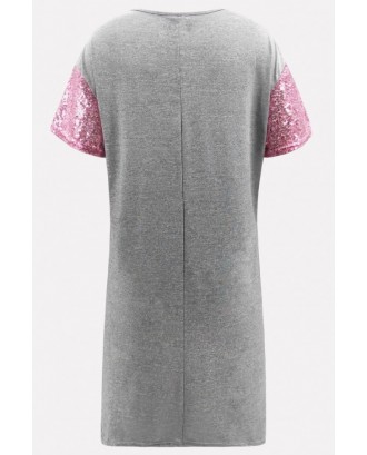 Pink Glitter Sequin Splicing Short Sleeve Casual T-shirt Dress