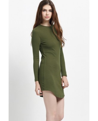 Army Green Side Slit Long Sleeve Bodycon Casual Dress