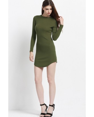 Army Green Side Slit Long Sleeve Bodycon Casual Dress